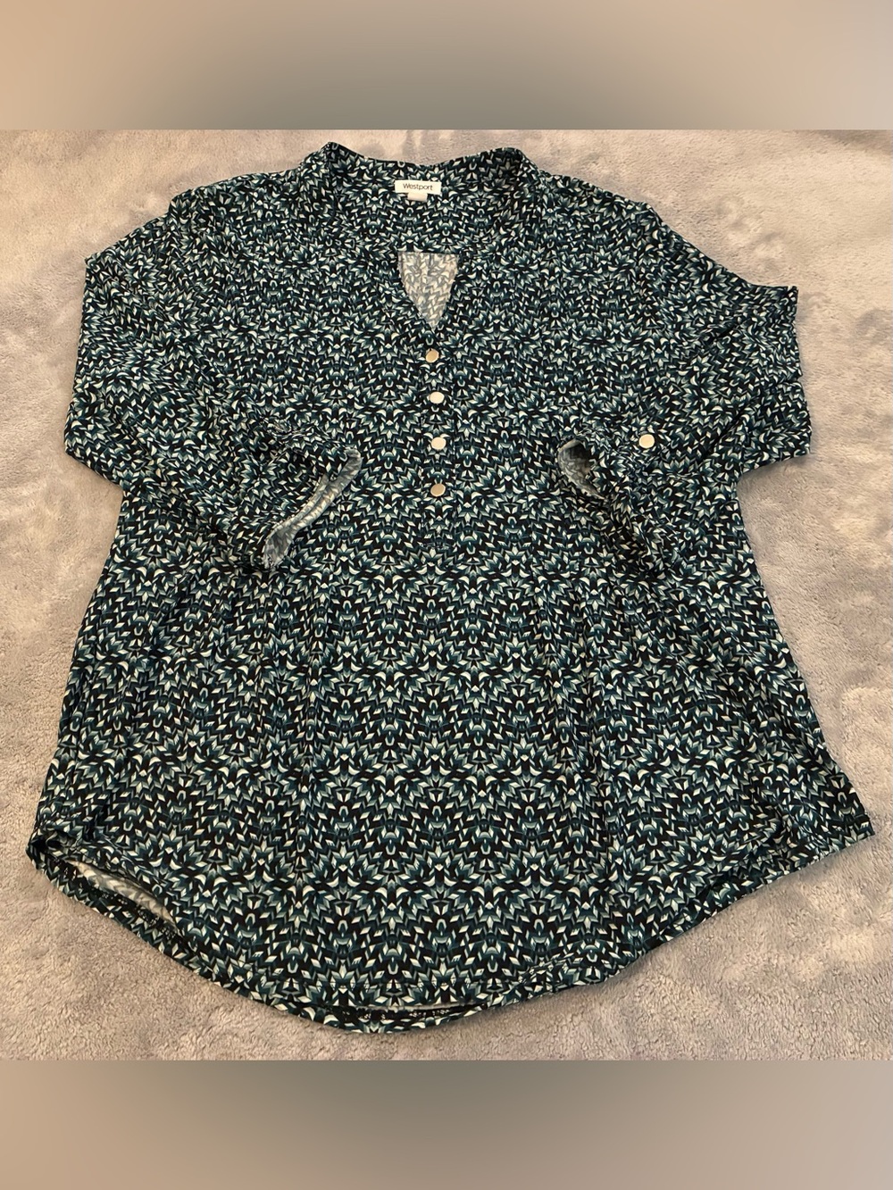 Women's Westport Brand Navy & Teal Printed Henley Blouse Size Petite Large